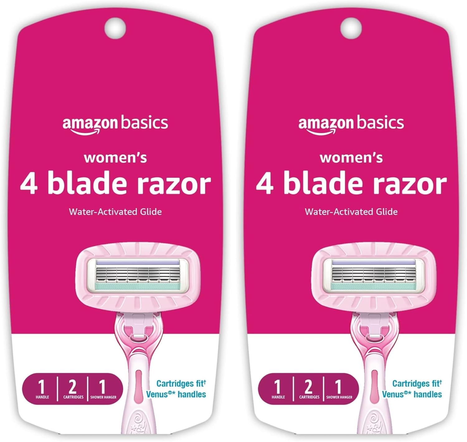 Amazon Basics Women's 4 Blade Razor for Women, Fits AmazonBasics & Venus Handles, Moisturizing Surround, 4 Count, Includes 1 Handle, 2 Cartridges & 1 Shower Hanger, Pink (Pack of 2)