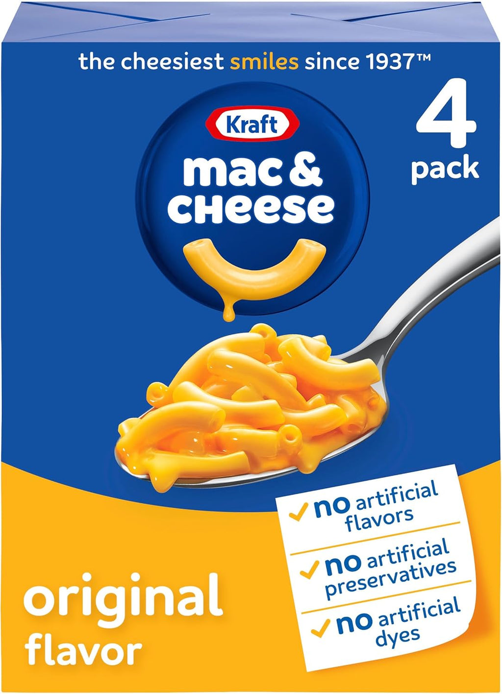 Kraft Mac and Cheese, 4 Boxes, for Easy Dinner or Dinner Sides, Original Flavor, No Artificial Flavors, Preservatives or Dyes, 7.25 oz