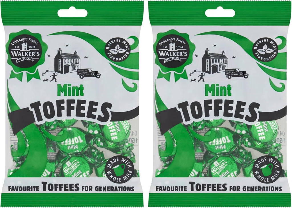 Walkers Nonsuch British Mint Toffee Candy 5.29 Oz (Pack of 2) - Natural Mint Flavor, Whole Milk Toffee, Individually Wrapped Chewy Candy Pack, Classic English Sweets, Imported UK