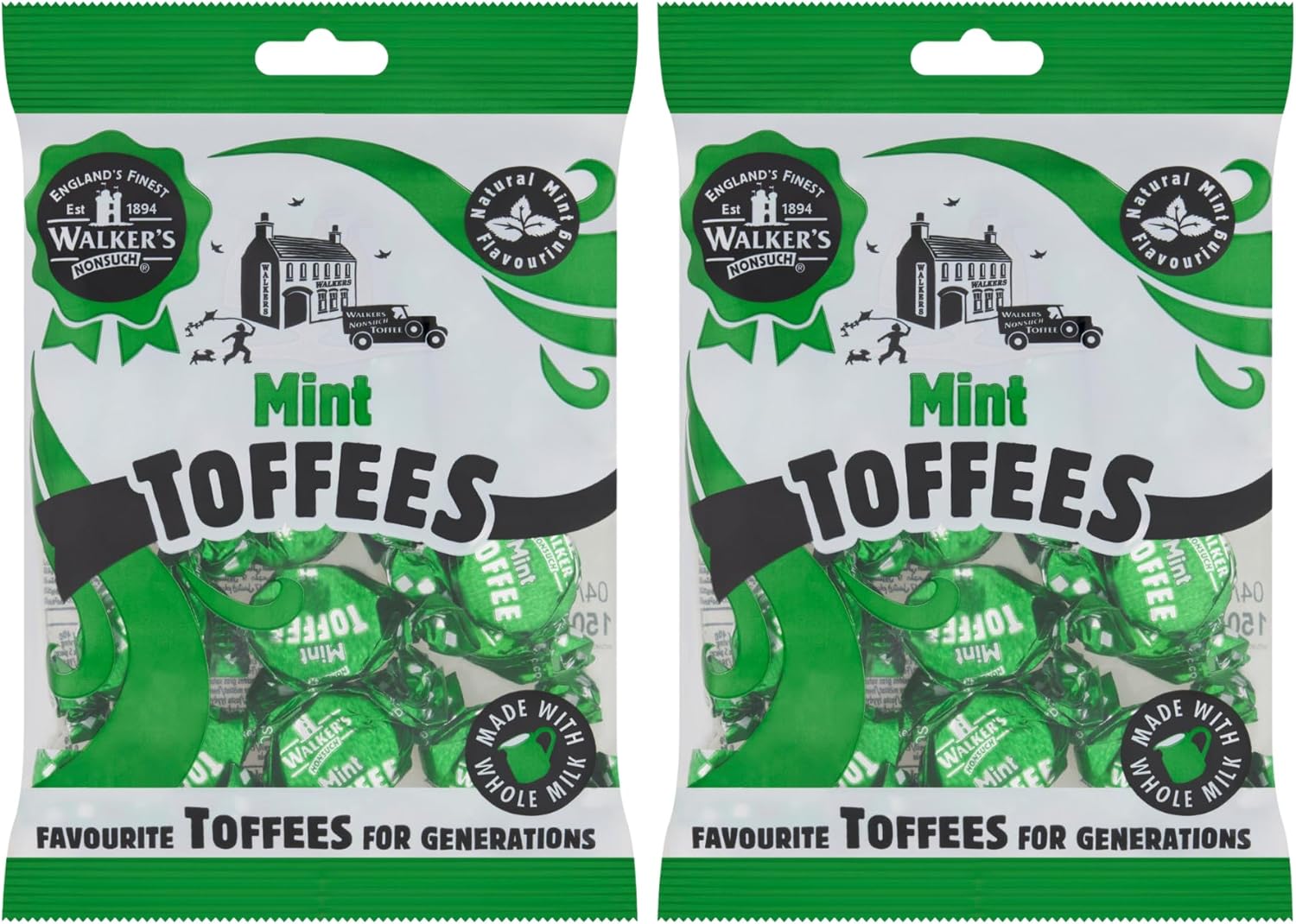 Walkers Nonsuch British Mint Toffee Candy 5.29 Oz (Pack of 2) - Natural Mint Flavor, Whole Milk Toffee, Individually Wrapped Chewy Candy Pack, Classic English Sweets, Imported UK
