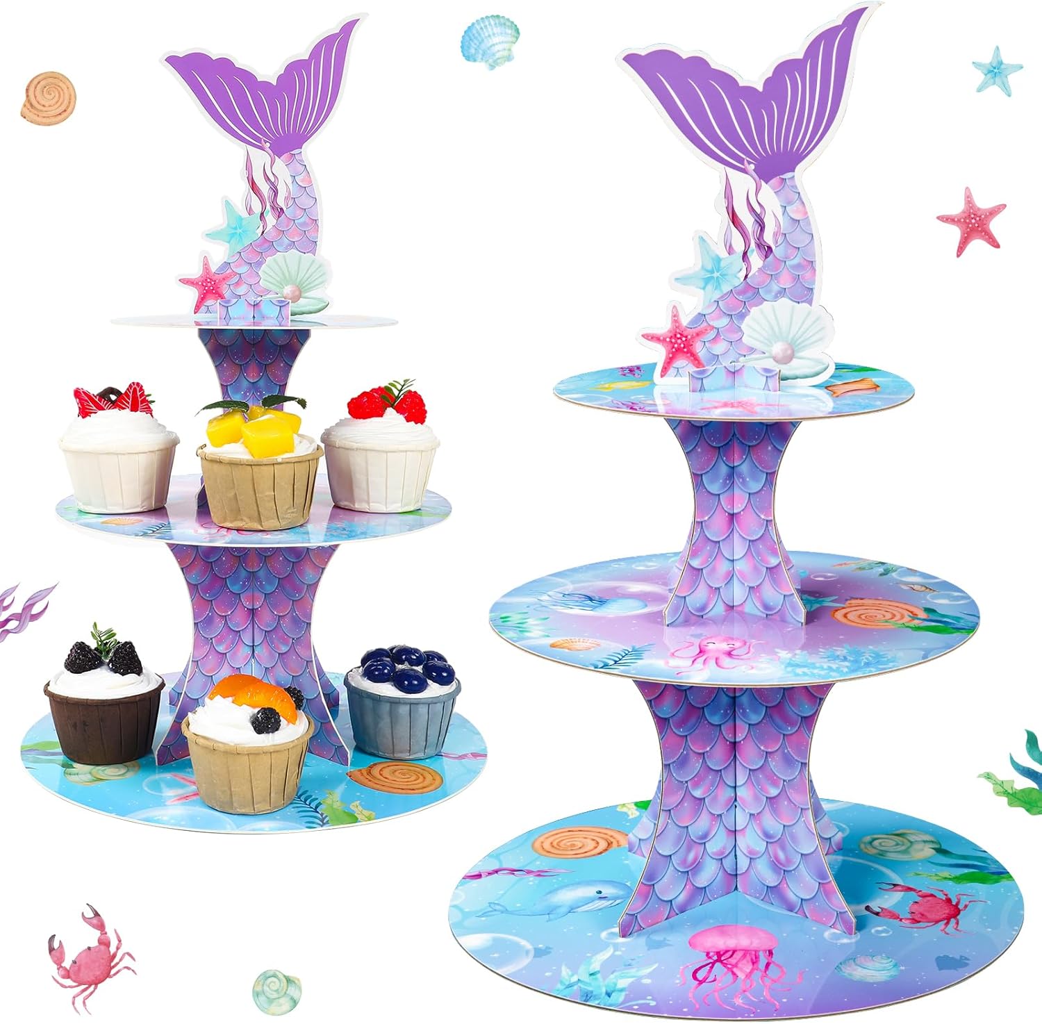 2Pcs Mermaid Cupcake Stand - 3 Tier Little Mermaid Birthday Party Decorations Under The Sea Theme Cake Dessert Tower Holder for Girls Kids Underwater Beach Baby Shower Party Supplies Favors