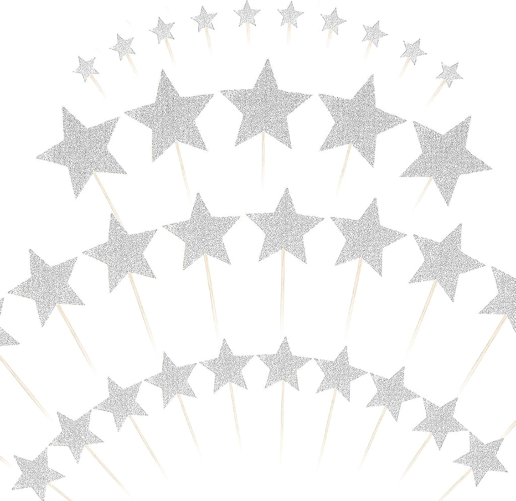 35 Pcs Star Cake Toppers, Mixed Size (0.7"-3.3" Wide) Silver Stars Decorations for Cupcakes, Birthday Parties & Baby Showers