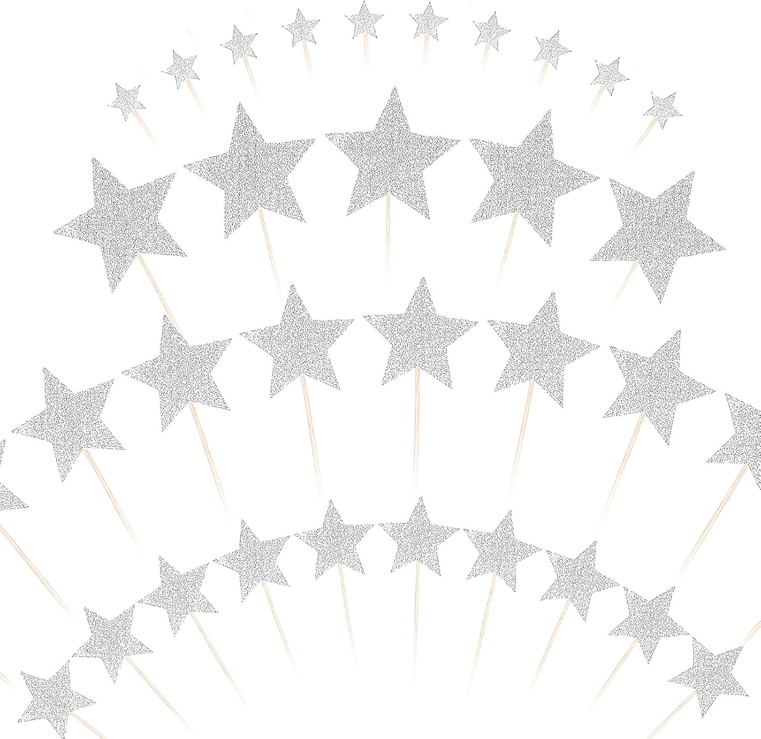 35 Pcs Star Cake Toppers, Mixed Size (0.7"-3.3" Wide) Silver Stars Decorations for Cupcakes, Birthday Parties & Baby Showers