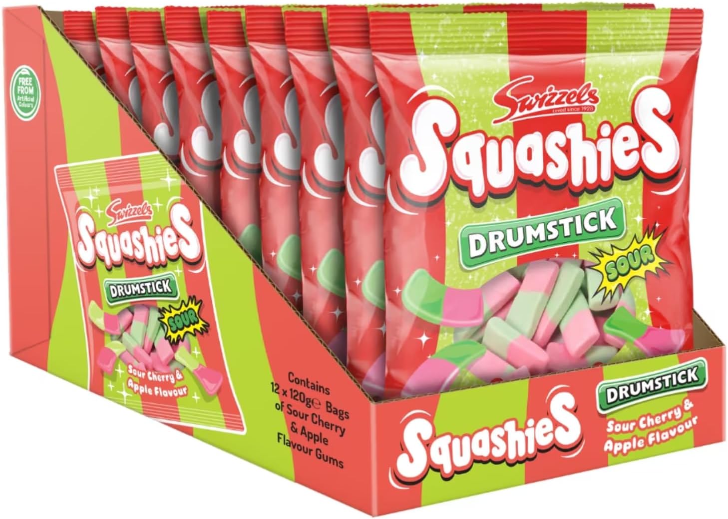 Drumstick Squashies Sour Cherry & Apple Flavored Chewy Candy, 120g Bags, Pack of 12