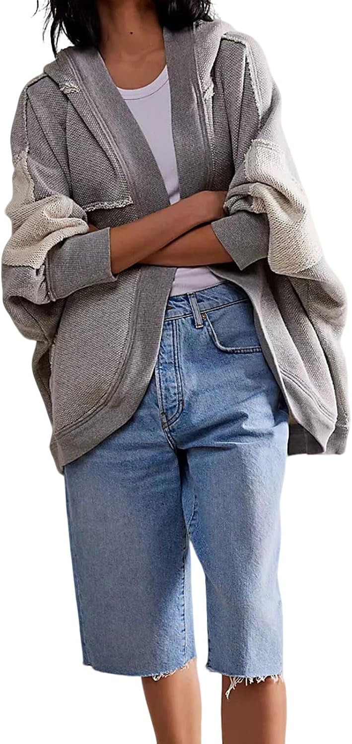 loveimgs Women Y2k Retro Open Front Hoodie Cardigan Sweatshirt Boyfriend Long Sleeve Hooded Patchwork Jackets Fall Outfit