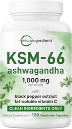 KSM-66 Ashwagandha 1,000mg Per Serving | 120 Veggie Capsules with Black Pepper for Better Absorption & Fat Soluble Vitamin C | Potent Root Extract | Stress, Relaxation, & Sleep Support | Filler Free