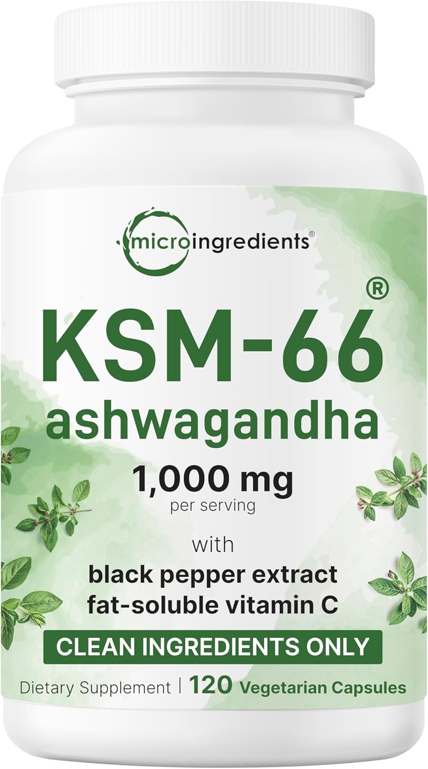 KSM-66 Ashwagandha 1,000mg Per Serving | 120 Veggie Capsules with Black Pepper for Better Absorption & Fat Soluble Vitamin C | Potent Root Extract | Stress, Relaxation, & Sleep Support | Filler Free