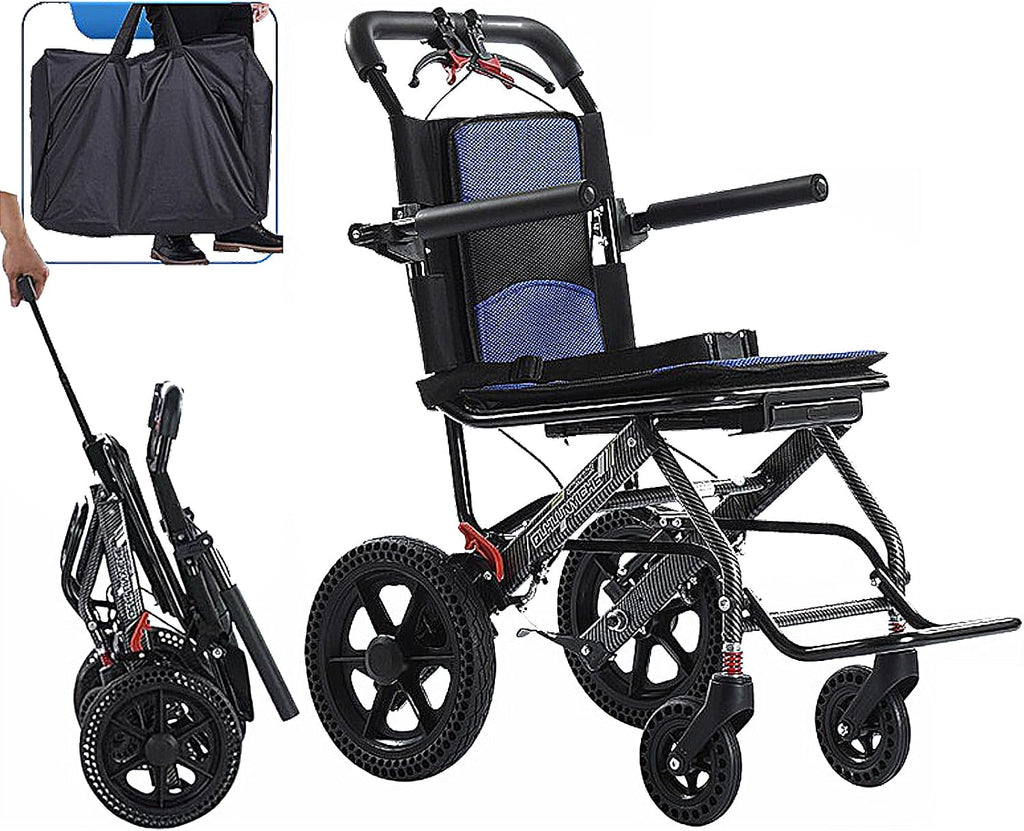 Folding Portable Transport Wheelchair, Lightweight Travel Compact Chair, 12-inch Honeycomb tire with Shock Absorption, for Adults and Seniors Support 220lbs,Blue,Black Frame