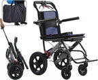Folding Portable Transport Wheelchair, Lightweight Travel Compact Chair, 12-inch Honeycomb tire with Shock Absorption, for Adults and Seniors Support 220lbs,Blue,Black Frame
