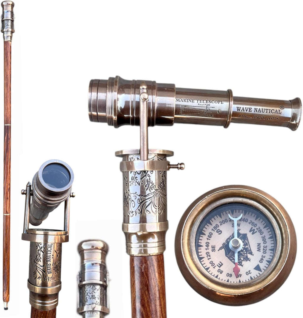 Marine Telescope Walking Stick,Victorian Vintage Brass Compass On Top Spyglass Handle, Antique Style Wooden Cane,Steampunk Fancy Cane,Foldable Walking Stick 36" Inches for Men and Women