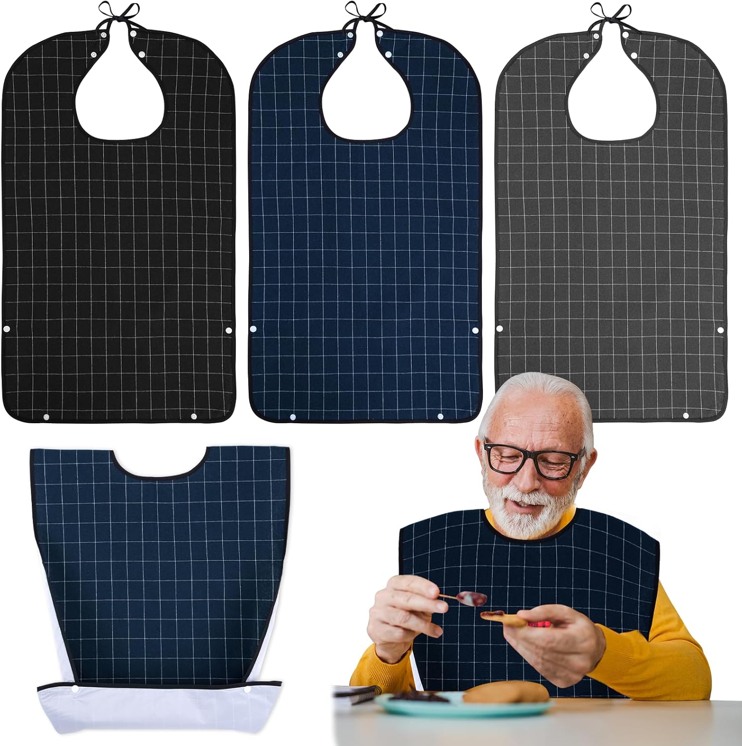 XKDOUS 3 Pack Waterproof Adult Bibs with Crumb Catcher, Reusable & Washable Large Dining Bibs for Men, Women, Elderly, Clothing Protector for Eating, Ideal Senior Gifts
