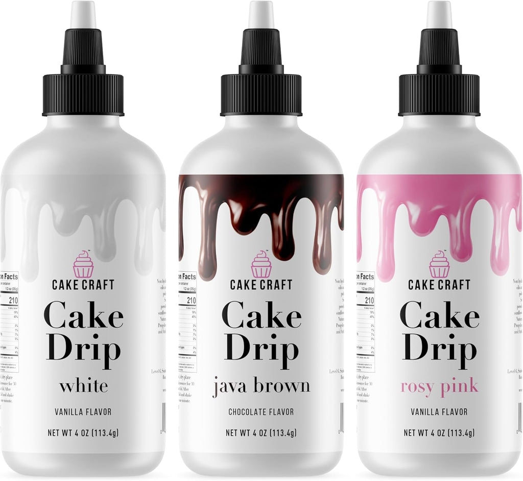 Cake Craft Cake Drip 3-Pack – Java Brown, Rosy Pink & White | Ready-to-Use Drip Icing for Cake Decorating | Vanilla & Chocolate Flavored | No Heating Required | 2oz Bottles