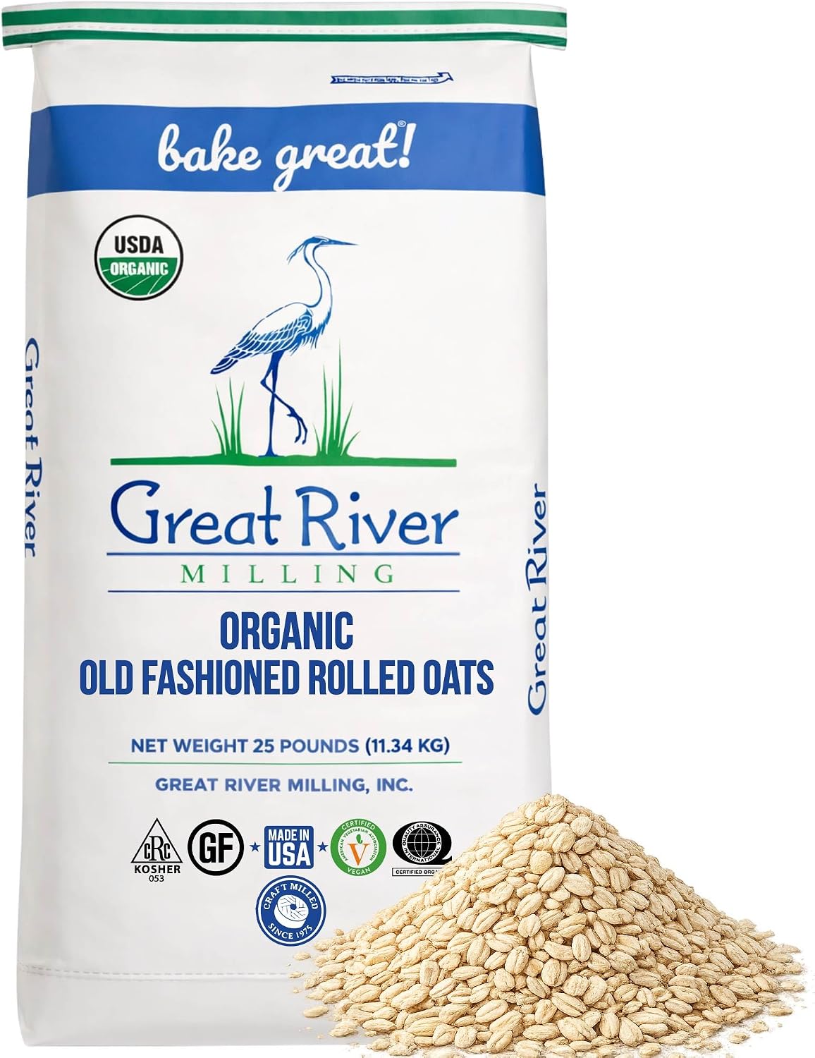 Great River Milling Organic Old Fashioned Rolled Oats | Whole Grain, USDA Organic, Non-GMO, Kosher | Hearty Texture for Oatmeal, Granola, Cookies, Baking & Meal Prep | 25 Lb. (Pack of 1)