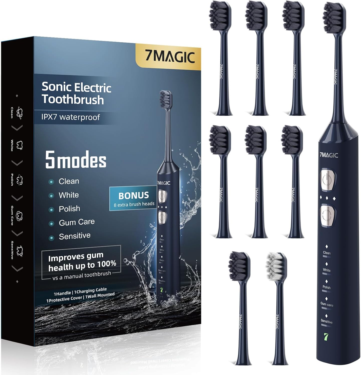 7MAGIC Sonic Electric Toothbrush for Adults and Kids - Up to 180 Days Runtime, 42000 VPM Powered Toothbrush, 5 Modes & 3 Intensities for Sensitive Teeth & Braces, Includes 8 Brush Heads, Navy Blue