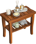 Teak Wood Shower Bench Stool with Storage Shelf, Wooden Waterproof Bathroom Spa Bathing Teak Shower Stool with Non-Slip Feet Gadget 2024 for Indoor or Outdoor Shower Chair Seat Organizer