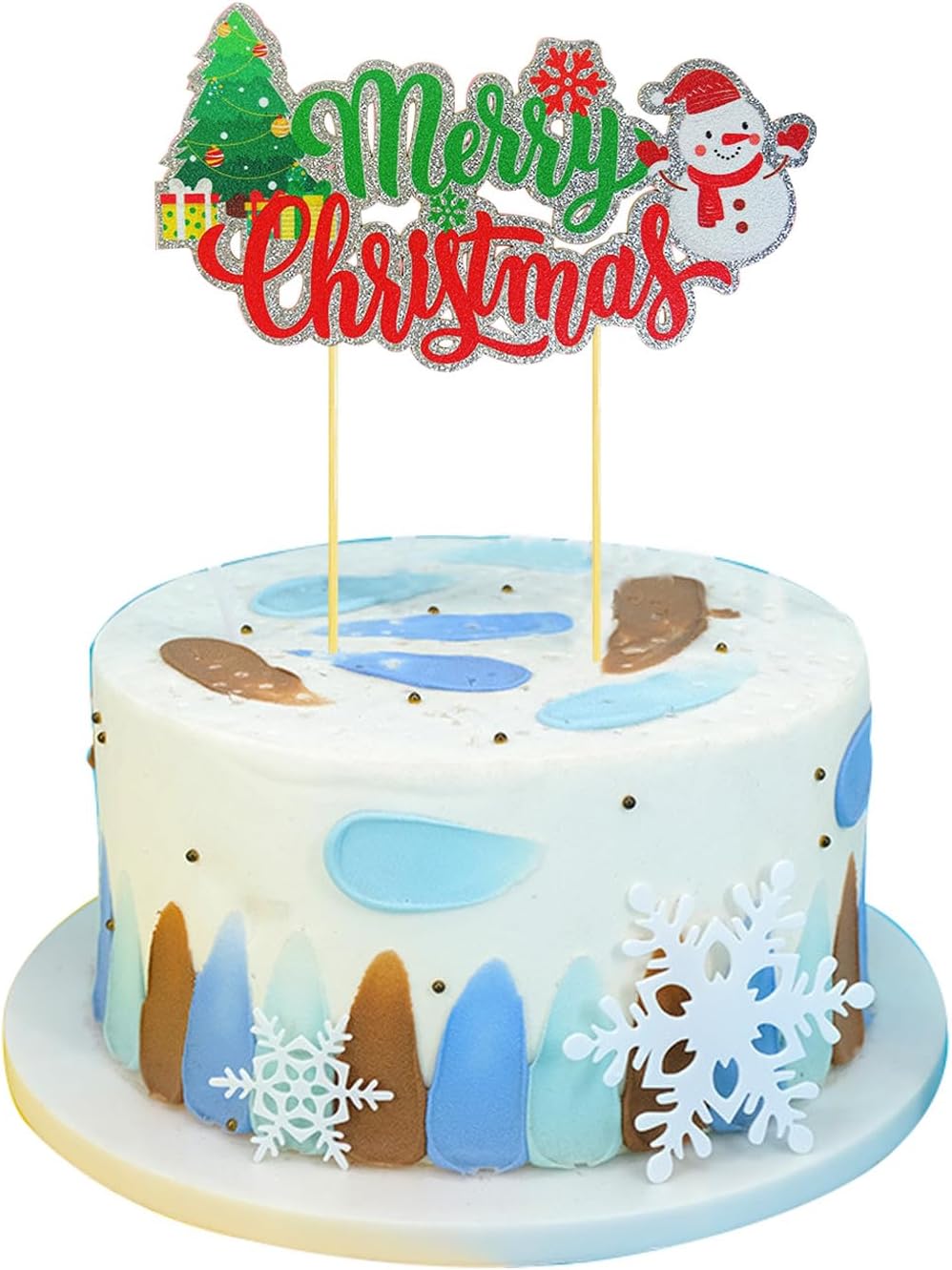 Merry Christmas Cake Topper,Snowman Theme Christmas Holiday Party Supplies,Red & Green Glitter Cake Decorations,Winter Holiday Cake Picks