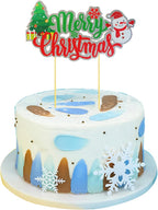 Merry Christmas Cake Topper,Snowman Theme Christmas Holiday Party Supplies,Red & Green Glitter Cake Decorations,Winter Holiday Cake Picks
