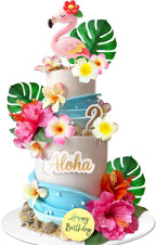 Flamingo Cake Topper Summer Cake Decorations with Artificial Flowers Palm Leaves for Hawaii Beach Supplies