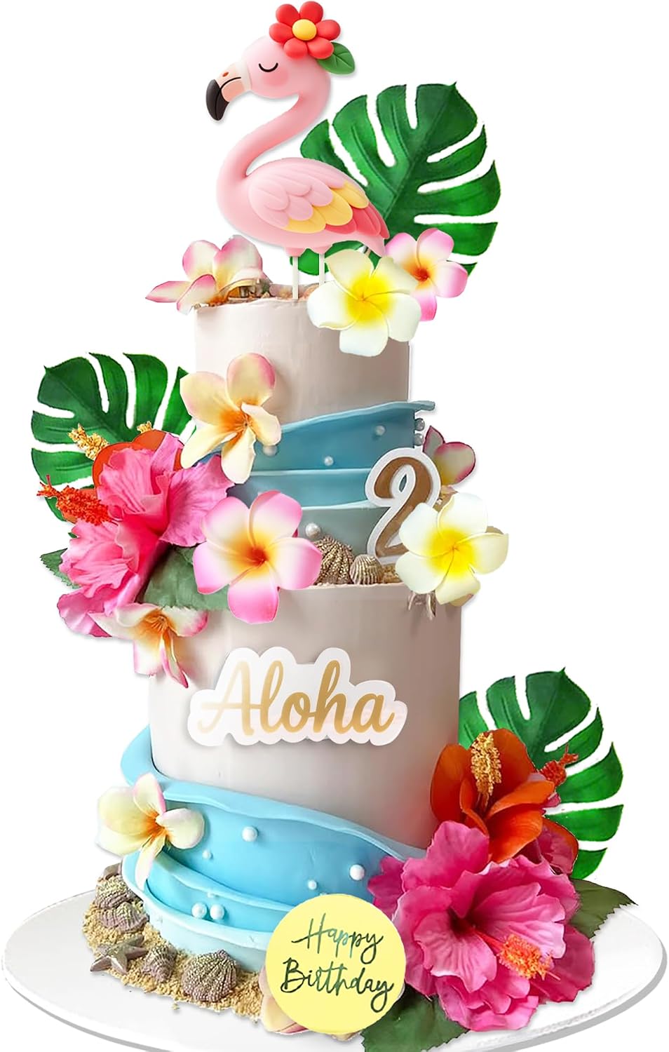 Flamingo Cake Topper Summer Cake Decorations with Artificial Flowers Palm Leaves for Hawaii Beach Supplies
