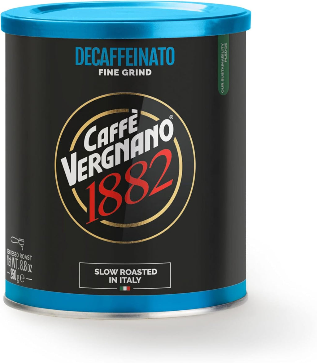 Caffe Vergnano Italian Finely Ground Decaf Coffee – 100% Arabica for Moka, Intensity Level 6 – Rich, Full Flavor Without Caffeine, Notes of Dried Fruit, Cocoa & Caramel - 8.82 oz Tin