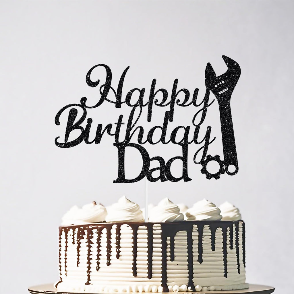 Glitter Happy Birthday Dad Cake Topper - Happy Birthday Cake Gift for Father's Day, Best Dad Ever Cake Pick, Happy Father‘s Birthday Party Supplies Black