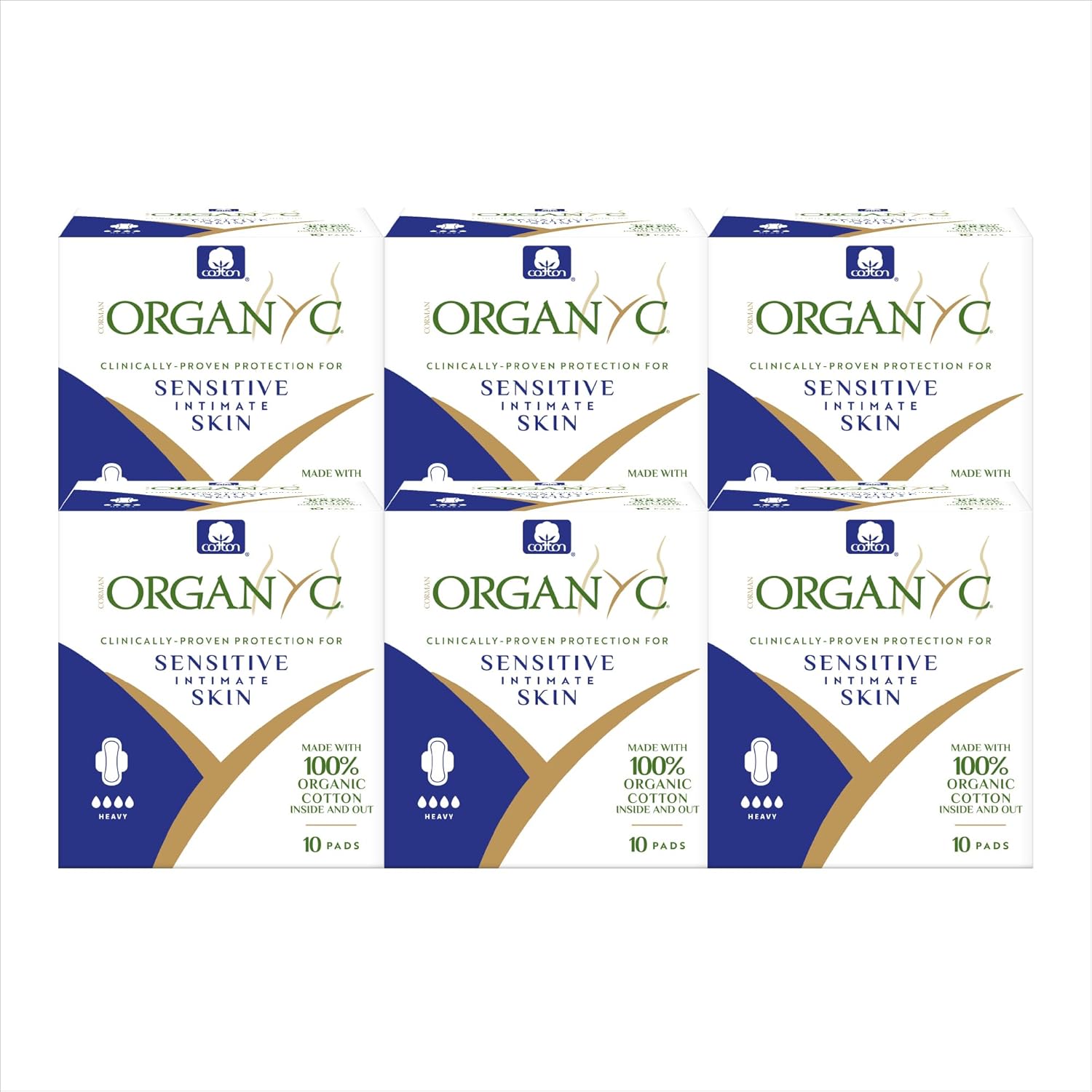 Organyc 100% Certified Organic Cotton Feminine Pads with Wings, Heavy Flow/Absorbency, 10 Count (Pack of 6)