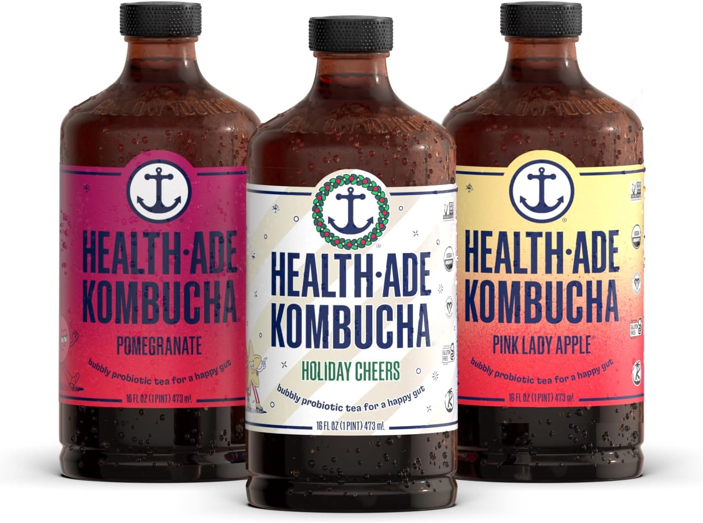 Health-Ade Kombucha Tea Organic Drink, Fermented Tea with Living Probiotics, Detoxifying Acids, Supports Gut Health, Non-GMO, Vegan, Gluten Free, 12 Pack (16 Fl Oz Bottles), Merry and Bright Variety Pack