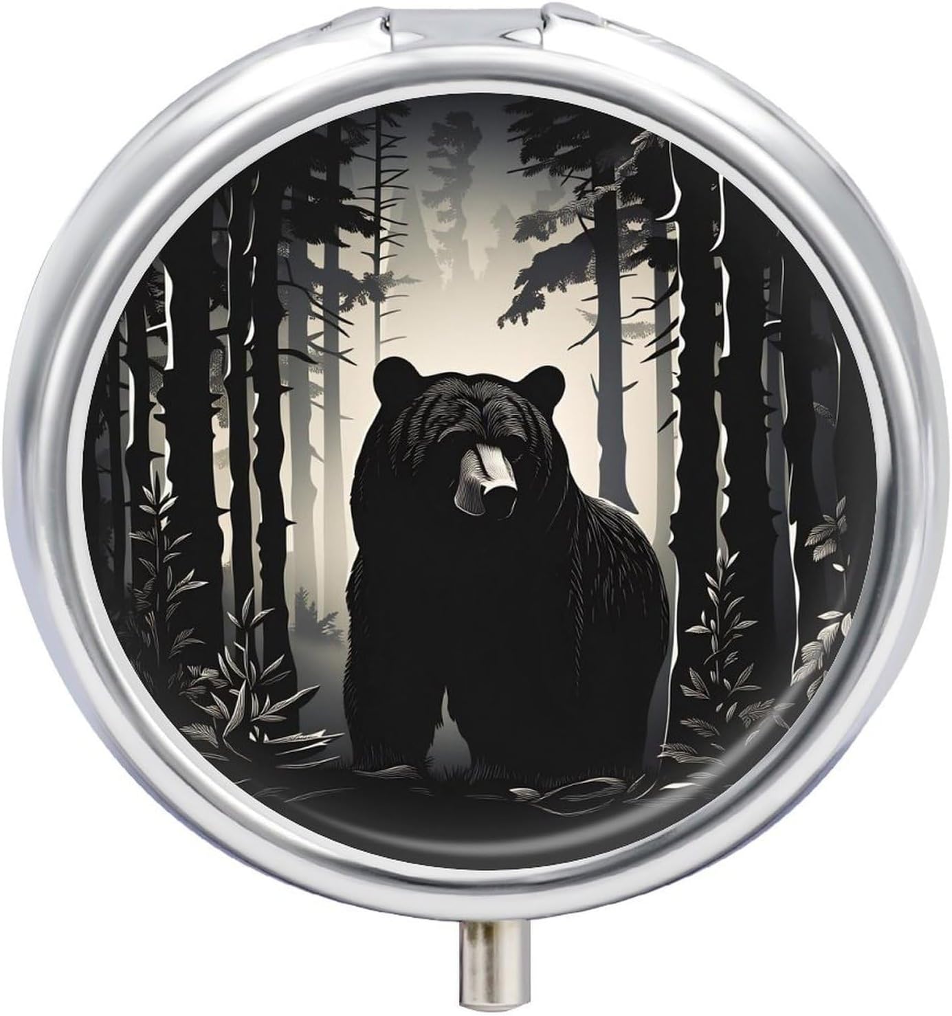 Jungle Black Bear Pill Box, Small Pill Organizer with 3 Compartments and Mirror, Fun Round Portable Travel Metal Pill Case for Pocket Or Purse