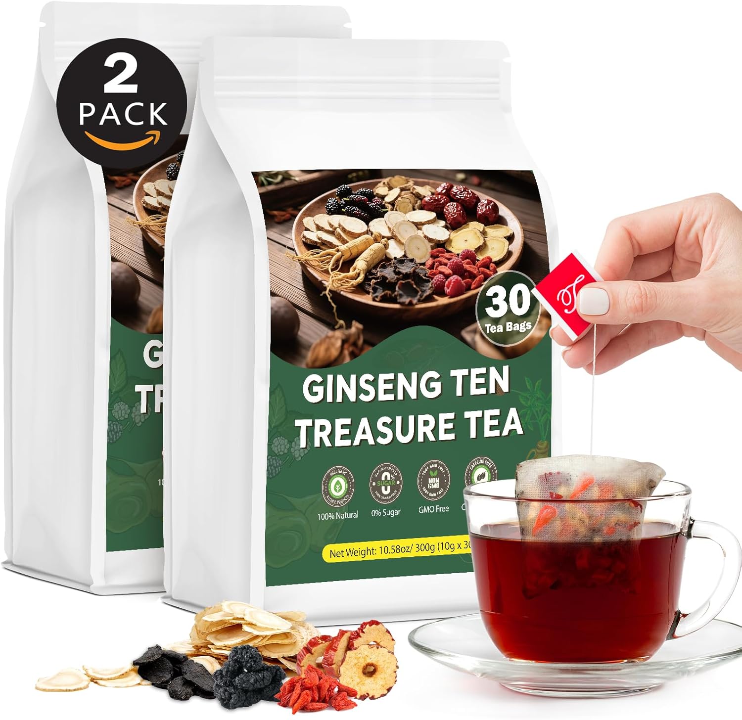 Ginseng Ten Treasures Tea Kidney Tea, Chinese Traditional Herbal Tea, Natural Kidney Cleanse Detox Teas for Women & Men, 10 Precious Ingredients Formula (2 Pack/60 Bags)