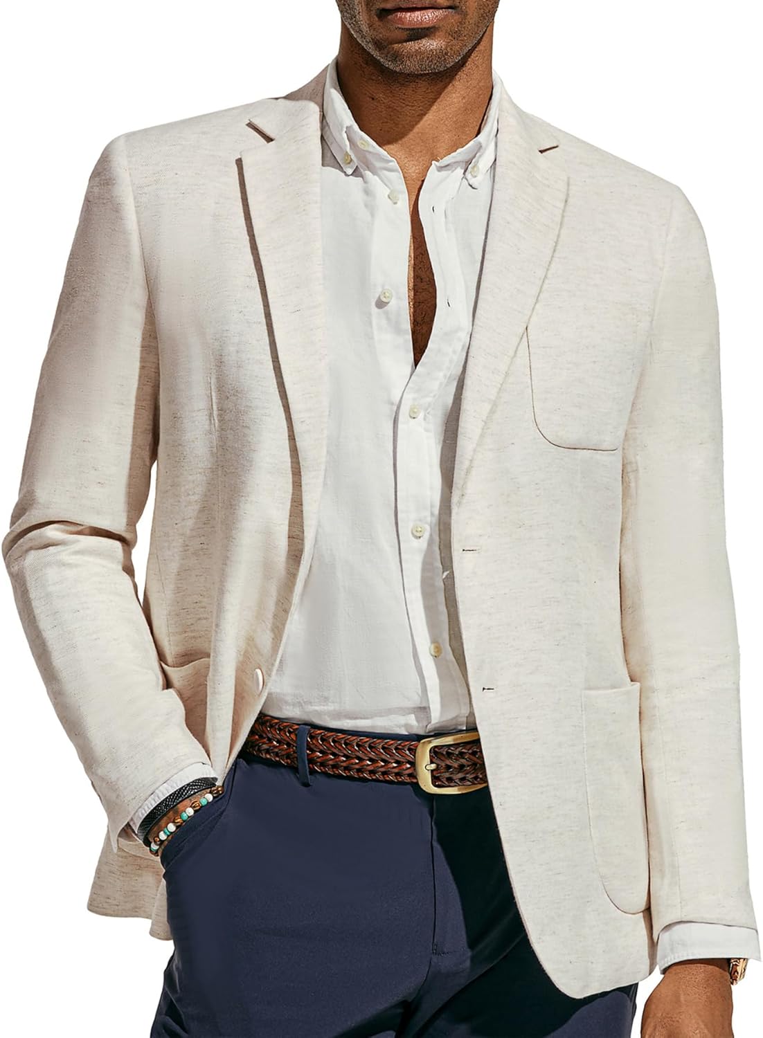 PJ PAUL JONES Men's Blazer Jacket Cotton Linen Sports Coats Regular Fit Two Buttons Herringbone Suit Jackets