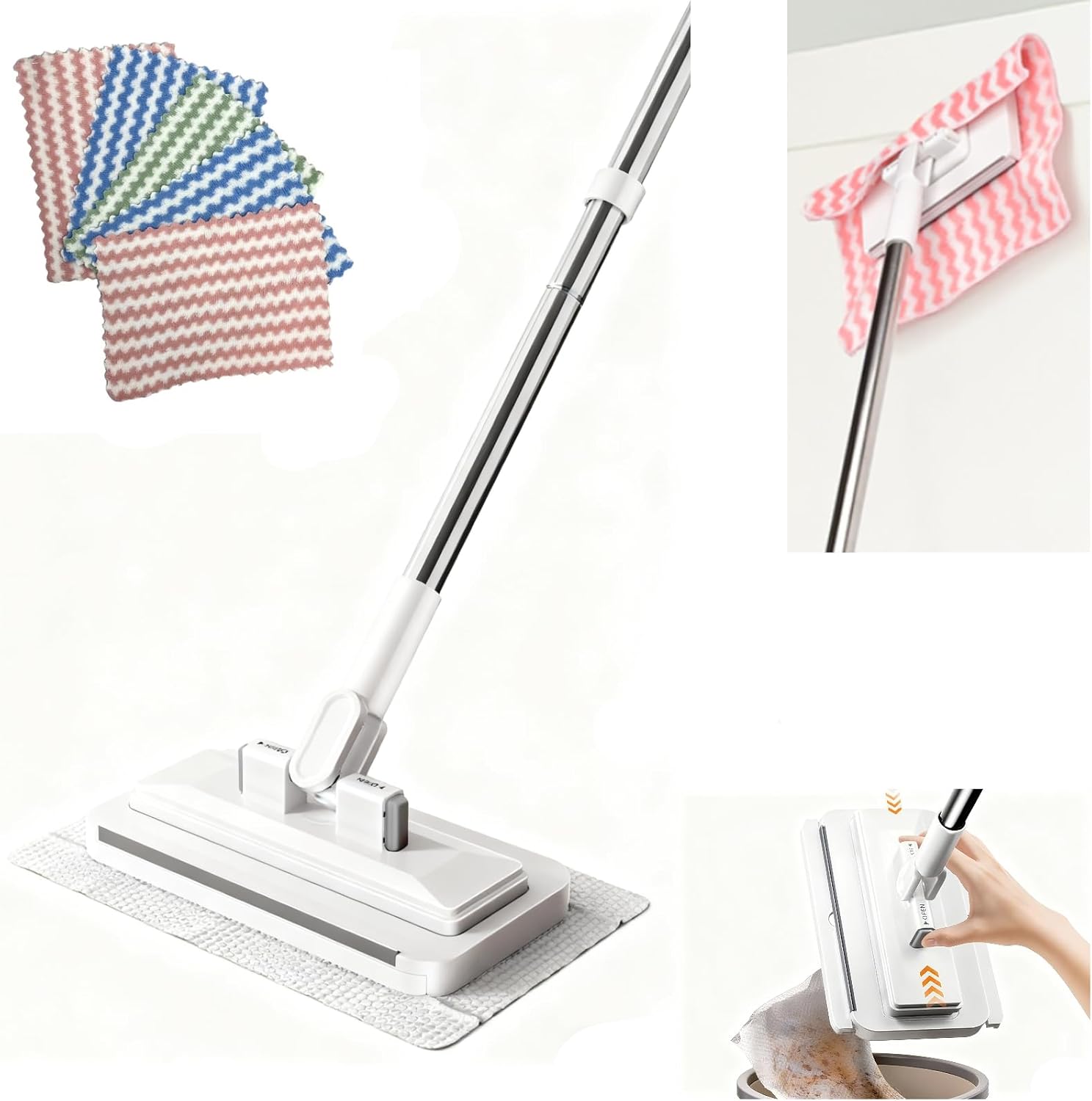 Snap Grip Mini Mop Stick with 39 inches Handle — Zero-Touch Gap Cleaner & Locking Head, Includes 1 Mini Mop & 5 Reusable Cloths for Multi-Surface Cleaning