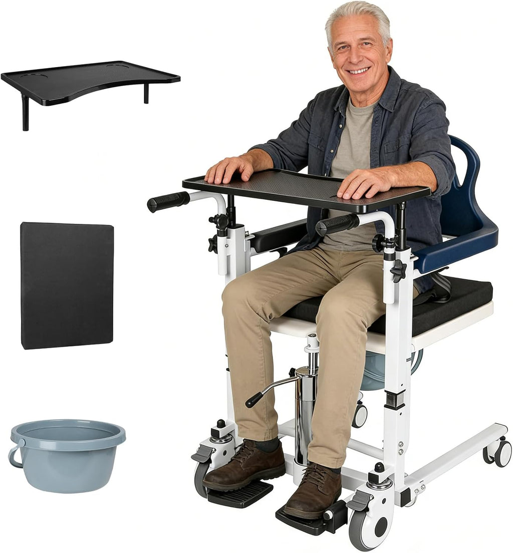 4 in 1 Hydraulic Patient Lift Transfer Chair, 180° Split Seat, 350lbs Capacity, Height Adjustable Nursing Wheelchair with Potty, Dining Table, for Elderly Disabled Home Care