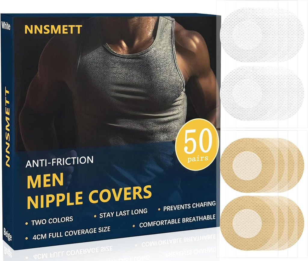 Nipple Covers Men,100Pcs (50 Pairs) Anti-Chafing Nipple Covers for Men, No-Show Mens Nipple Guard Tape for Running, Sports, and Daily Wear (Beige 25 Pairs + White 25 Pairs)
