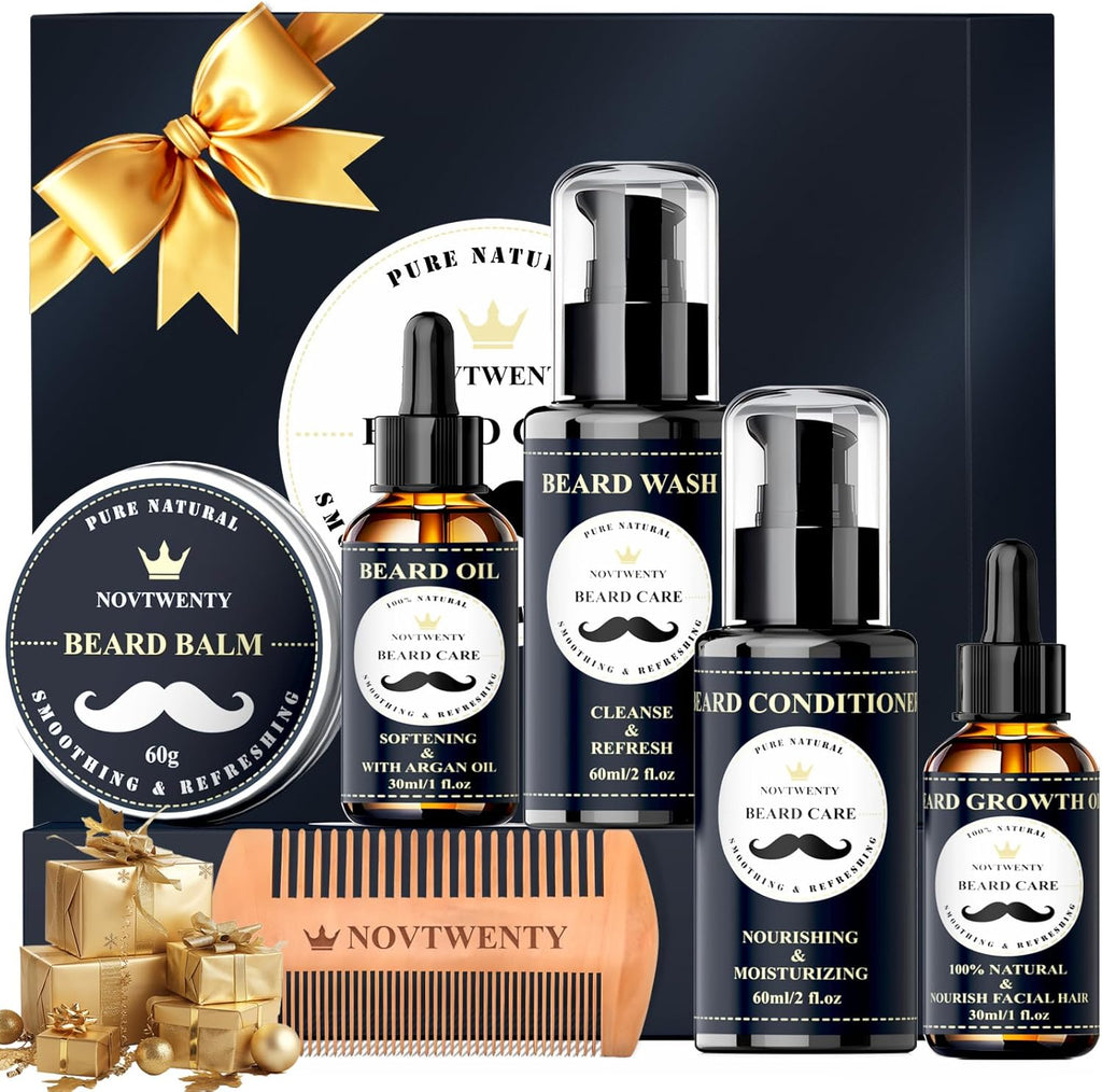 Beard Growth Kit - 7 Pc Kit, Includes Wash, Oil, Conditioner, Balm, Comb, Gift Box Set for Men
