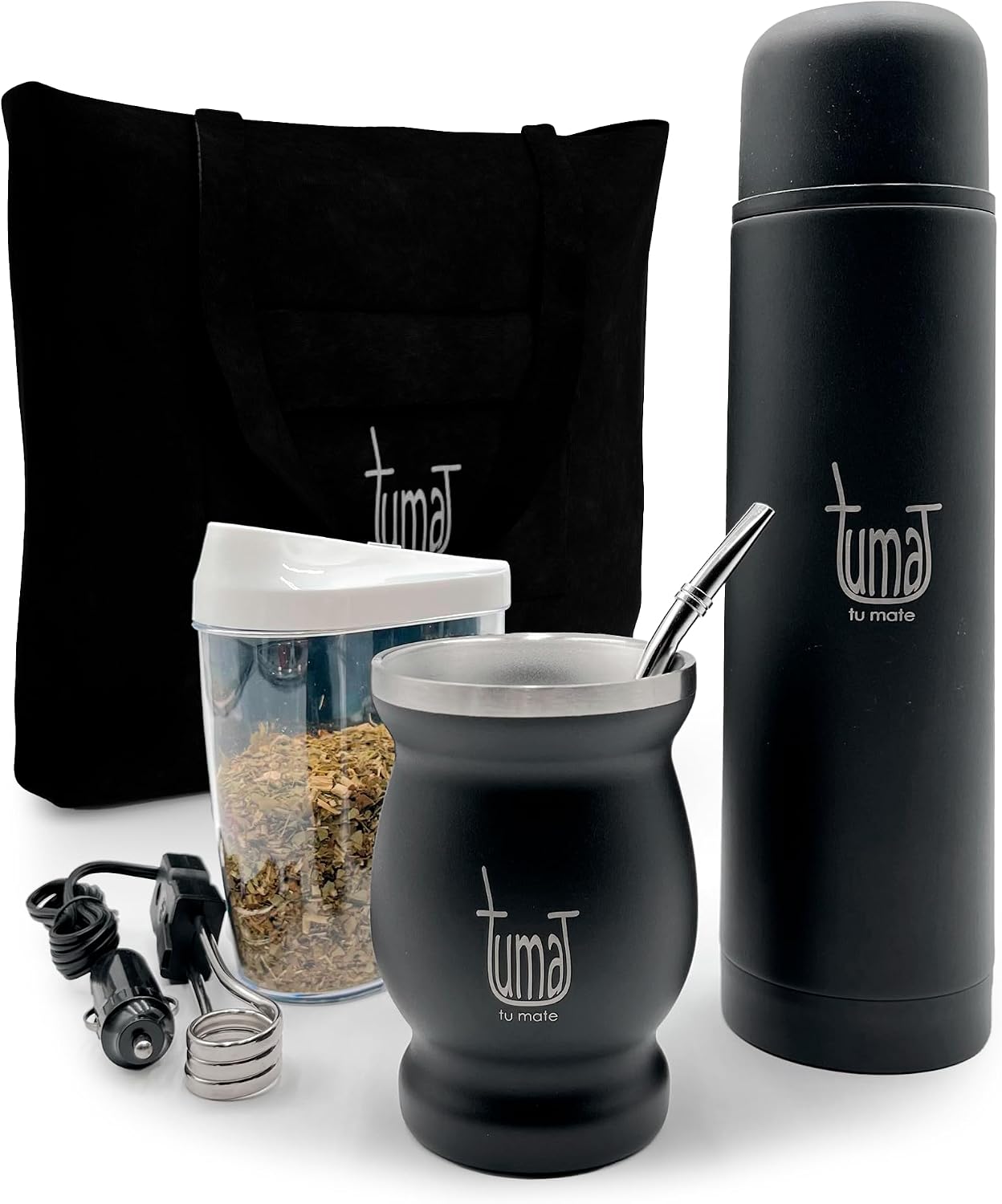 Complete Yerba Mate Kit – Stainless Steel Mate Cup Set, Bombilla (Straw) & 750ml Thermo | Argentine Mate Set + Canvas Bag, Yerbero Container & Car Heater (Black)