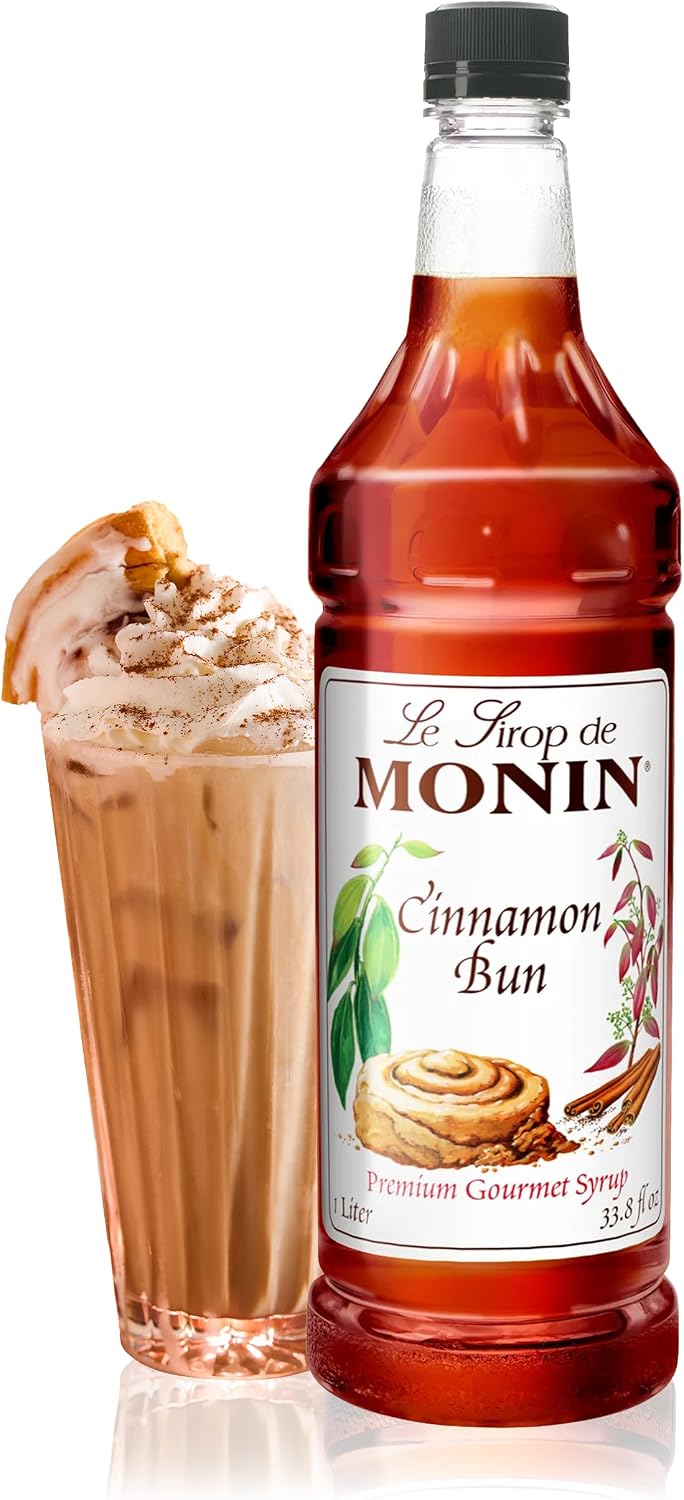 Monin - Cinnamon Bun Syrup | Premium Syrup for Cocktails, Coffees & More | Clean Label with No Artificial Flavors, No Artificial Preservatives (BPA-Free Plastic Bottle, 1 Liter)
