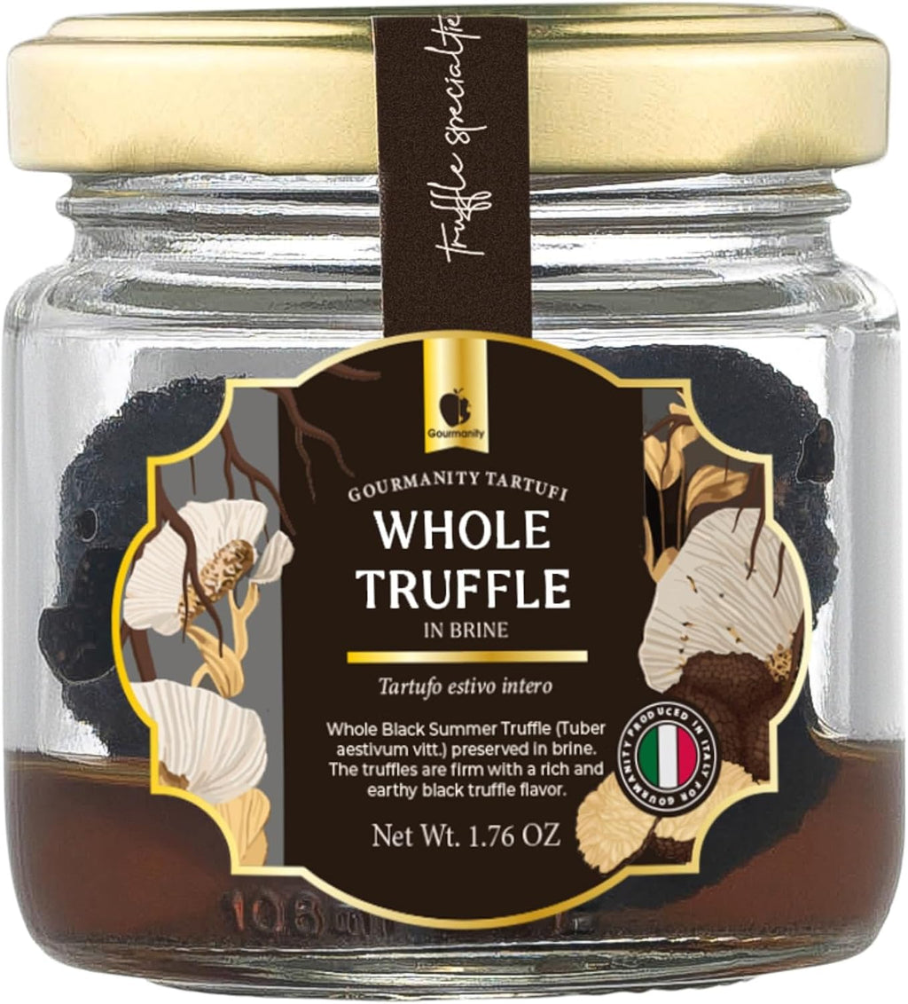 Gourmanity Tartufi Whole Black Truffles in Brine, Preserved Black Summer Truffles (Tuber aestivum Vitt.) from Italy [1.76oz Jar]