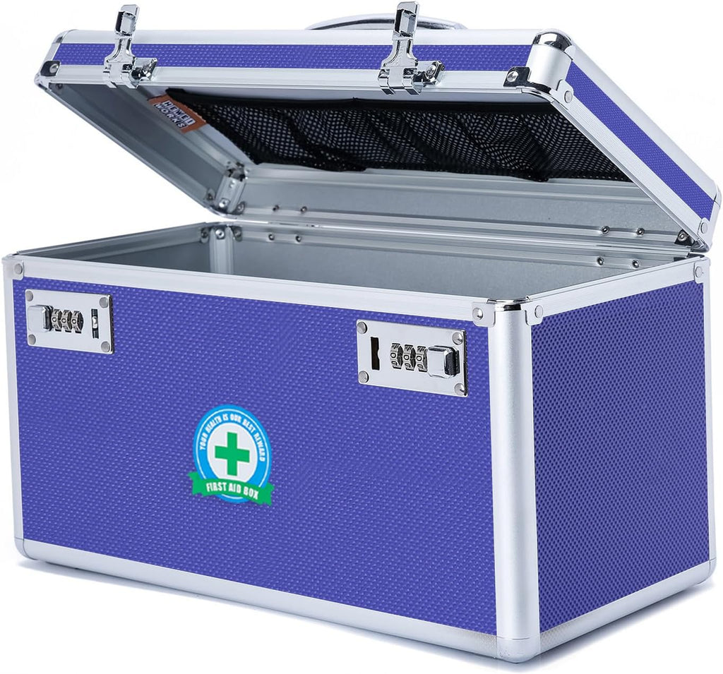 Large Capacity Combination Locking Medicine Box with Portable Storage Case，15''x 8.7''x 9.3'', Childproof Medication Lock Organizer， Lockbox for Secure Cash, ID Documents (BLUE)
