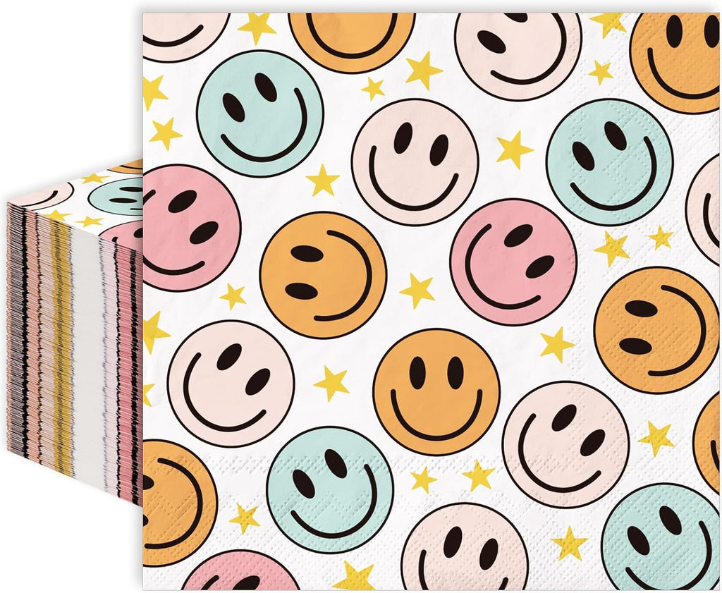 Whaline 80 Pack Boho Smile Face Paper Napkin 6.5 x 6.5 Inch Preppy Smile Star Disposable Luncheon Napkins Retro Hippie Happy Face Dinner Napkin for Birthday Preppy Party