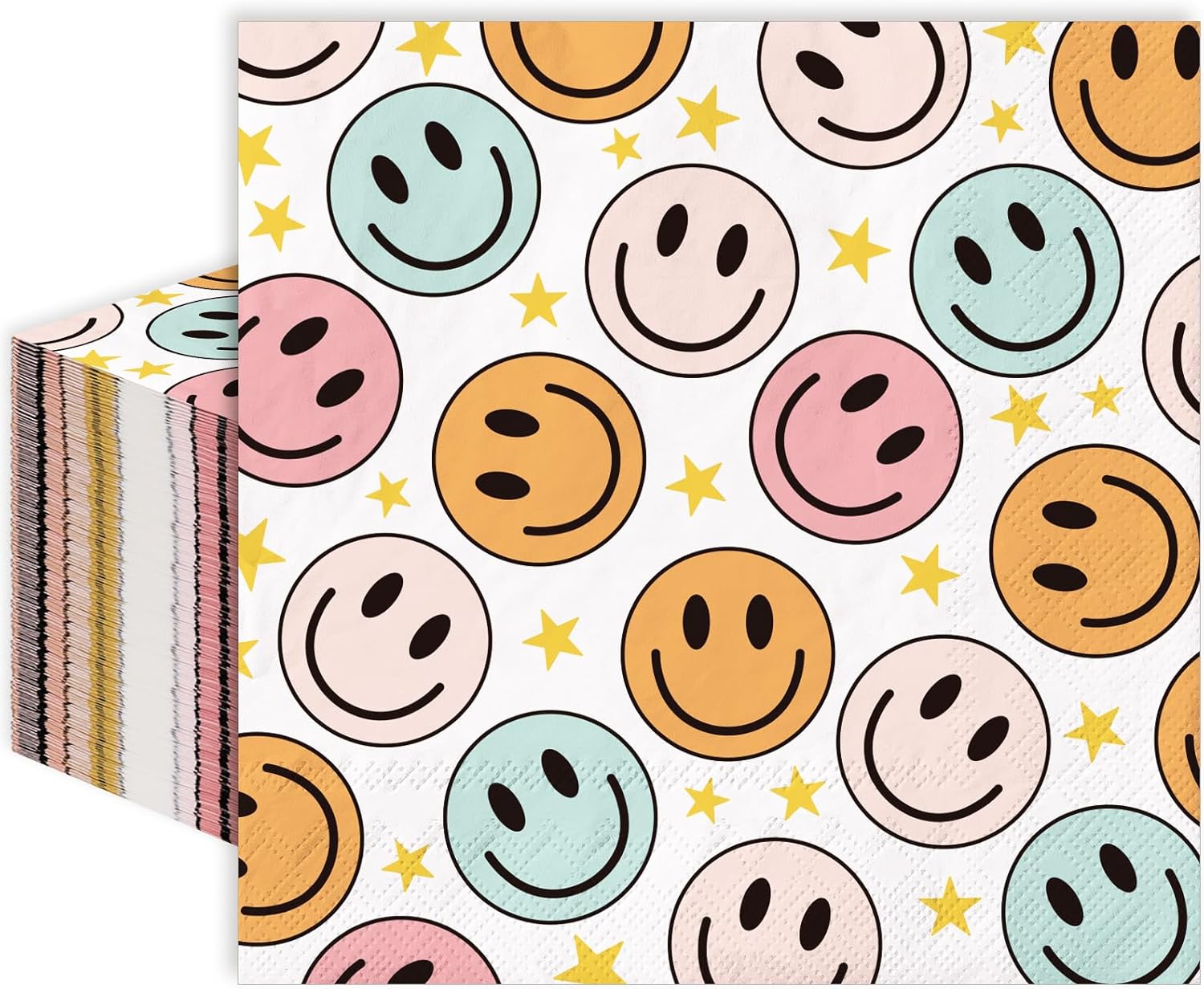 Whaline 80 Pack Boho Smile Face Paper Napkin 6.5 x 6.5 Inch Preppy Smile Star Disposable Luncheon Napkins Retro Hippie Happy Face Dinner Napkin for Birthday Preppy Party