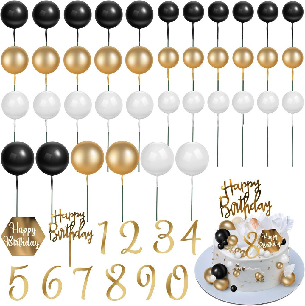 48 Pcs Ball Cake Toppers, DIY Cake Decorations with Black Gold White Balls Acrylic and Happy Birthday Cake Insert Toppers for Men Boy Black Theme Birthday Party Wedding Anniversary Party
