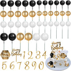 48 Pcs Ball Cake Toppers, DIY Cake Decorations with Black Gold White Balls Acrylic and Happy Birthday Cake Insert Toppers for Men Boy Black Theme Birthday Party Wedding Anniversary Party