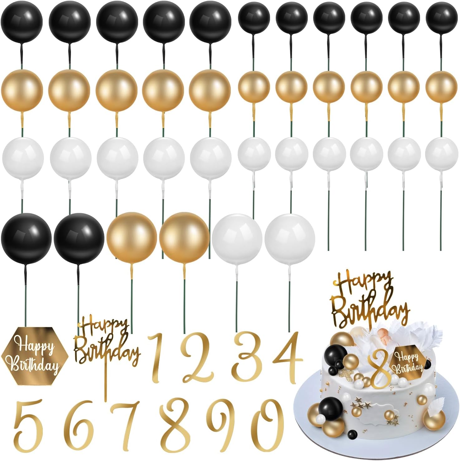 48 Pcs Ball Cake Toppers, DIY Cake Decorations with Black Gold White Balls Acrylic and Happy Birthday Cake Insert Toppers for Men Boy Black Theme Birthday Party Wedding Anniversary Party
