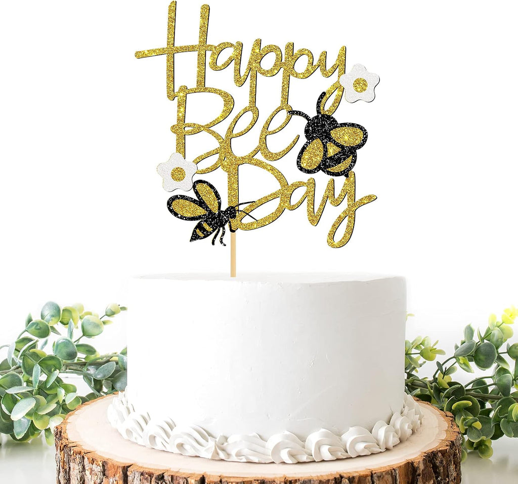 Happy Bee Day Cake Topper, Glitter Bumbee Theme/Happy 1st Birthday/Baby Shower Cake Decoration, Boy or Girl, Gender Reveal/Wedding Party Supplies