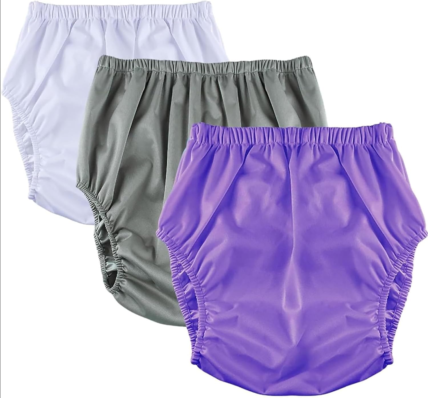 3 Pcs Adult Leakproof Incontinence Underwear for Women Men Pull on Cover Pant Washable Underpants Reusable Plastic Diaper Covers,White+Grey+Purple,L