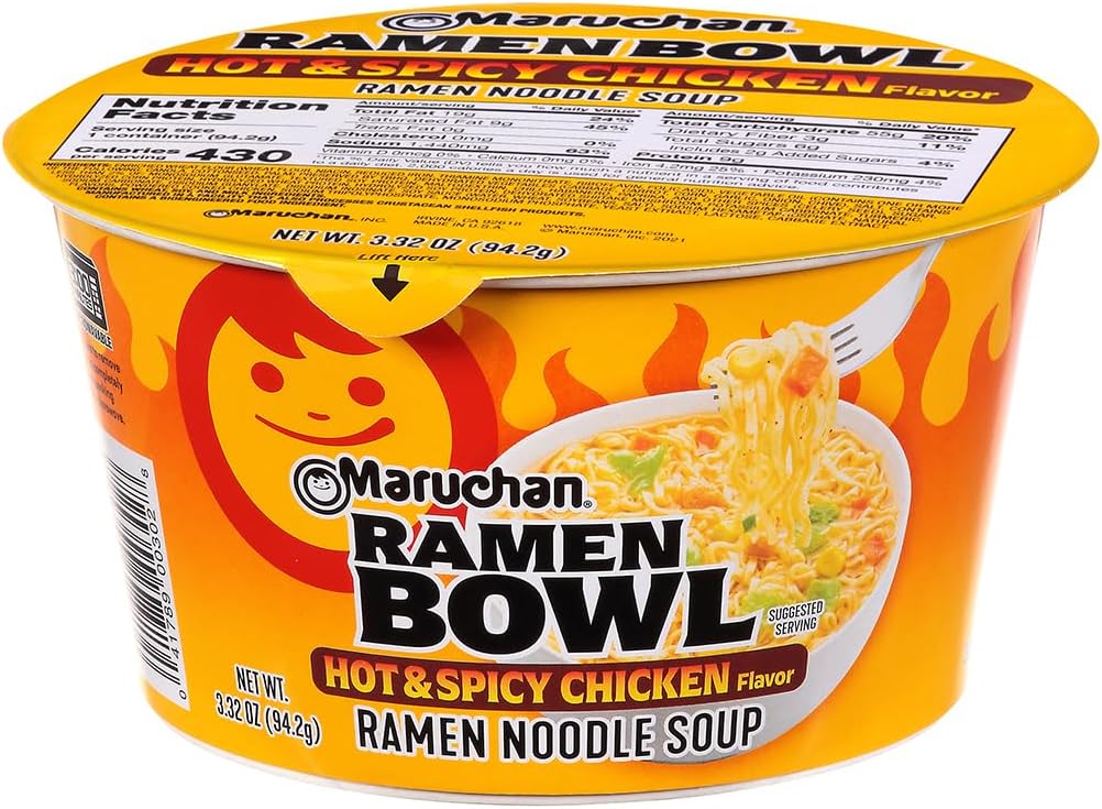 Maruchan Bowl Hot & Spicy Chicken, Microwaveable Ramen Soup Mix, 3.32 Oz, 6 Count