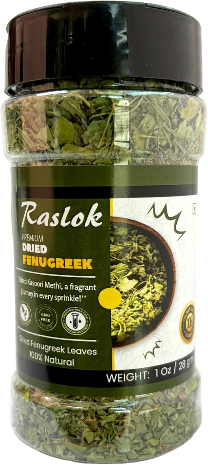 Raslok Dried Fenugreek Spice Leaves Herbs All Natural Kasoori Methi | 1oz - 28gm | Popular Seasoning Indian Spices| All Natural | Vegan | Gluten Free| NON-GMO | Kasuri Methi Organic | Dried Herbs