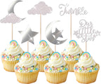 24 Pack Little Star Cupcake Toppers Glitter Moon Cloud Cupcake Picks Twinkle Star Baby Shower Kids Birthday Wedding Party Cake Decorations Supplies Silver