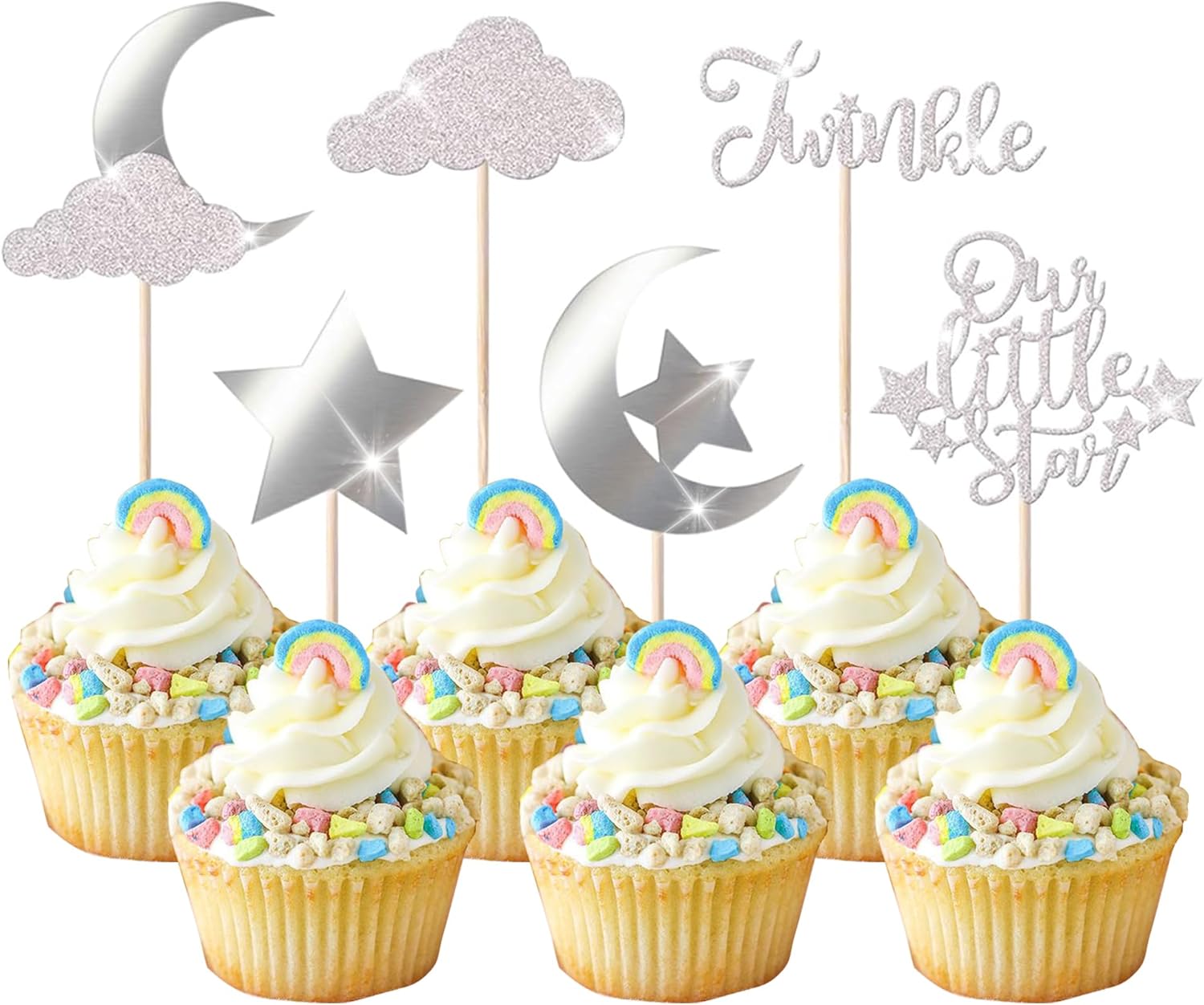 24 Pack Little Star Cupcake Toppers Glitter Moon Cloud Cupcake Picks Twinkle Star Baby Shower Kids Birthday Wedding Party Cake Decorations Supplies Silver