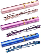 3 Pack Mini Slim Pen Reading Glasses - Compact Readers with Pen Clip Case Spring Hinge Metal Frame Eyeglasses (Pink, Purple, Blue, +1.75)